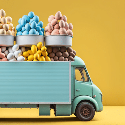 a truck with a trailer filled with lots of different types of coloured eggs in it's trays on top of the truck is on a yellow background.