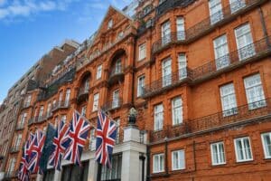 Exterior of hotel with flags flying