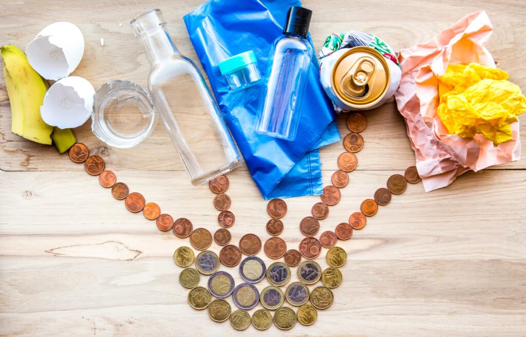 A photo of some different items being recycled or thrown away, all leading to a pile of money.